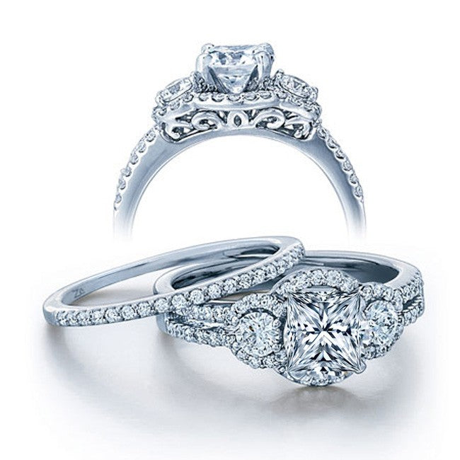2.50 Carat Princess cut Diamond and Moissanite Wedding Ring Set in 10k White Gold