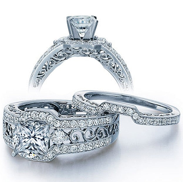 Art Deco Carved Scrolls Vintage Bridal Ring Set for a 1.50 Ct Princess Cut  Diamond - White Gold Engagement Ring Setting & Wedding Ring — Antique  Jewelry Mall