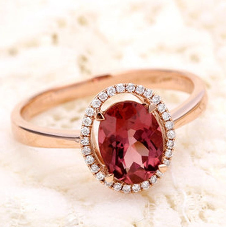 Halo 1.50 Carat Red Oval cut Ruby and Moissanite Diamond Engagement Ring in Yellow Gold