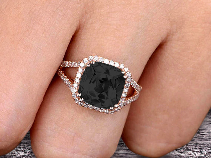 1.50 Carat Natural Black Diamond Moissanite Engagement Ring On 10k Rose Gold Anniversary Ring HALO Cushion Black Diamond Moissanite
