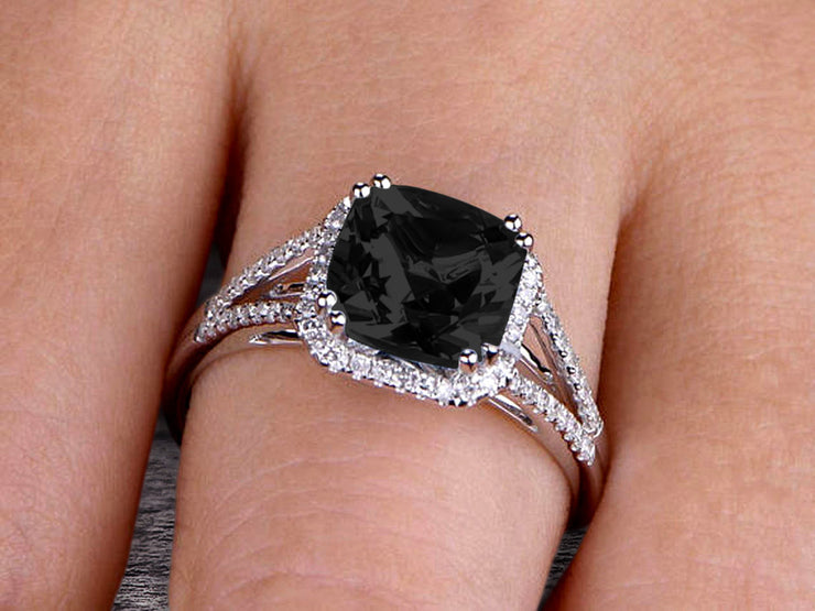 Cushion Cut 10k White Gold 1.50 Carat Natural Black Diamond Moissanite Engagement Ring Anniversary Ring HALO