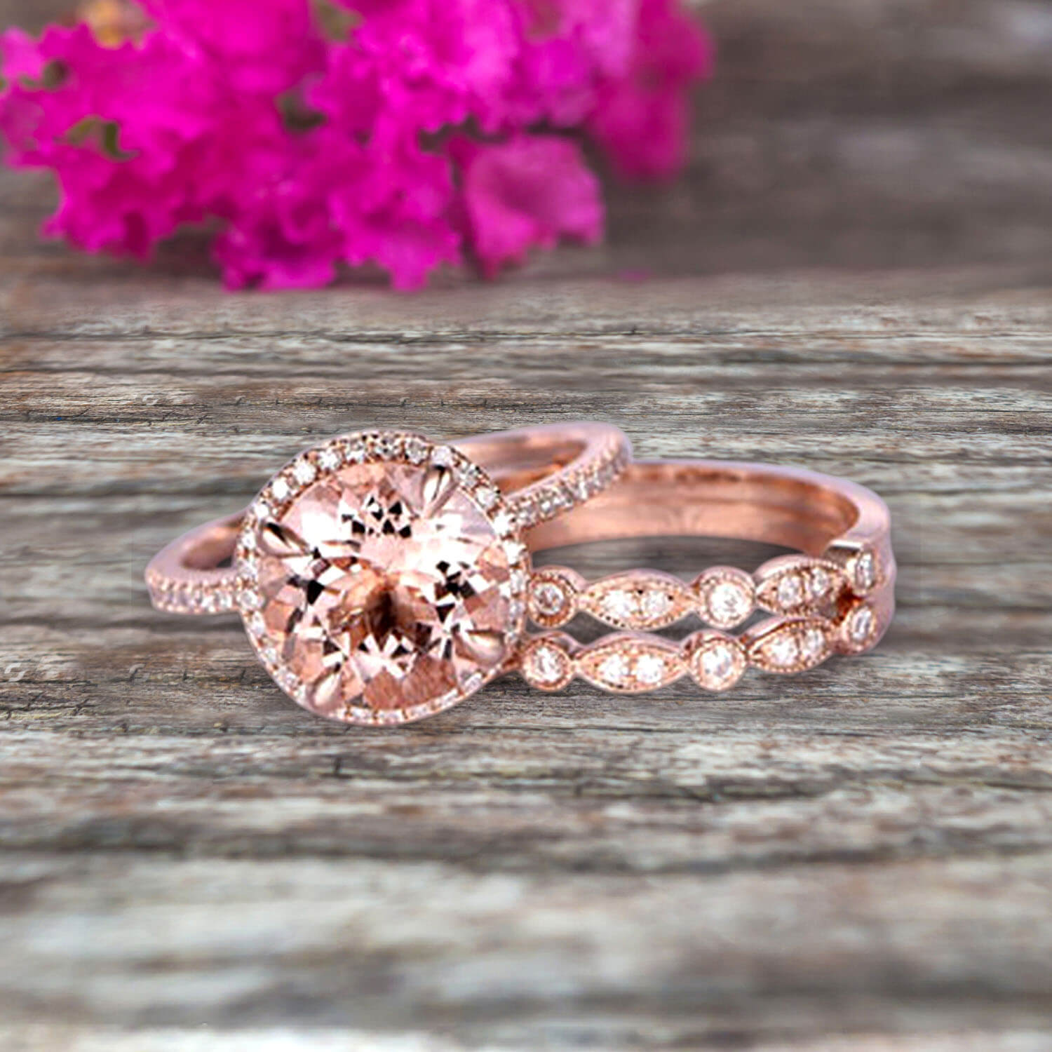 Peach-Pink Morganite Engagement & Wedding Ring Set 14k Rose Gold