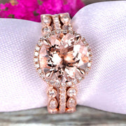 Trio Set Big Morganite Wedding Ring Set Engagement Ring On 10k Rose Gold Stacking Matching Band Round Cut Gemstone Personalized for Brides