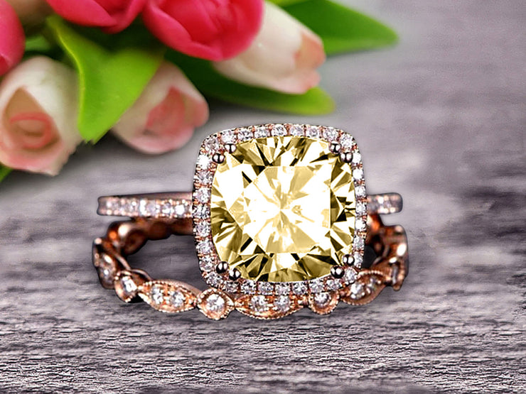 1.75 carat Classic Cushion Champagne Diamond Moissanite Diamond wedding Bands Engagement Ring on 10k Rose Gold