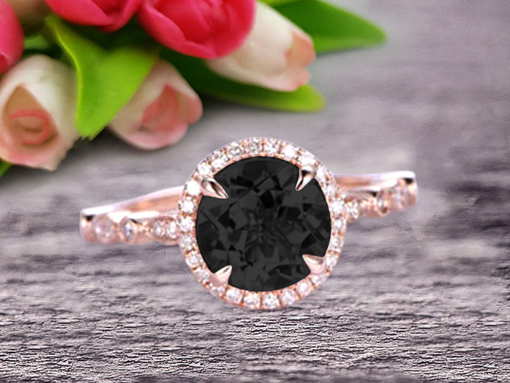 1.50 Carat Round Cut Black Diamond Moissanite Ring Engagement Ring Promise Ring Anniversary Ring 10k Rose Gold Pink Gem Stone Art Deco