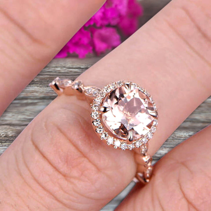 1.50 Carat Round Cut Morganite Ring Engagement Ring Promise Ring Anniversary Ring 10k Rose Gold Pink Gem Stone Art Deco