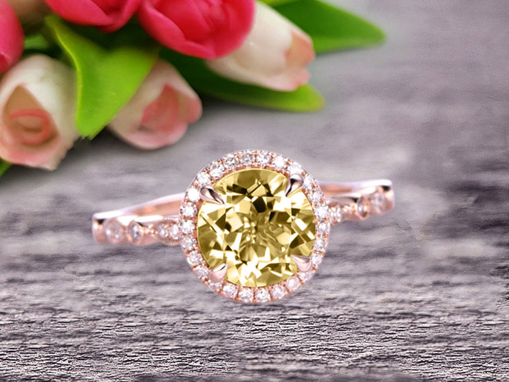 1.50 Carat Round Cut Champagne Diamond Moissanite Ring Engagement Ring Promise Ring Anniversary Ring 10k Rose Gold Gem Stone Art Deco