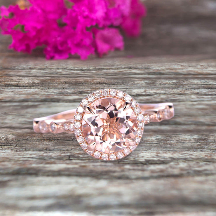 1.50 Carat Round Cut Morganite Ring Engagement Ring Promise Ring Anniversary Ring 10k Rose Gold Pink Gem Stone Art Deco