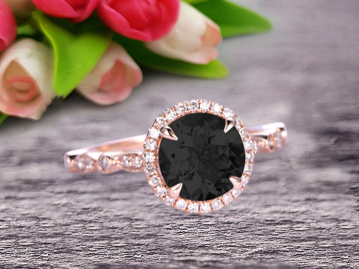 1.50 Carat Round Cut Black Diamond Moissanite Ring Engagement Ring Promise Ring Anniversary Ring 10k Rose Gold Pink Gem Stone Art Deco