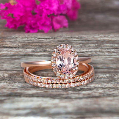 3Pcs 1.75 Carat 10k Rose Gold Morganite Engagement Ring Set Wedding Set Promise Ring for Bride Oval Cut Gemstone Pink Morganite Anniversary Ring