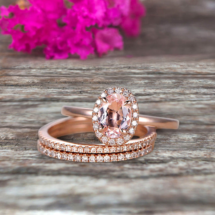 3Pcs 1.75 Carat 10k Rose Gold Morganite Engagement Ring Set Wedding Set Promise Ring for Bride Oval Cut Gemstone Pink Morganite Anniversary Ring