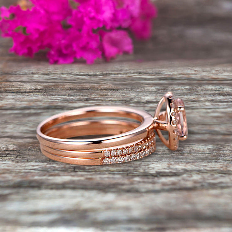 Rose Gold Morganite Engagement Ring, Three Stone Engagement Ring, 1.40  Carat Pink Morganite and Diamonds Wedding Ring, Handmade Certified