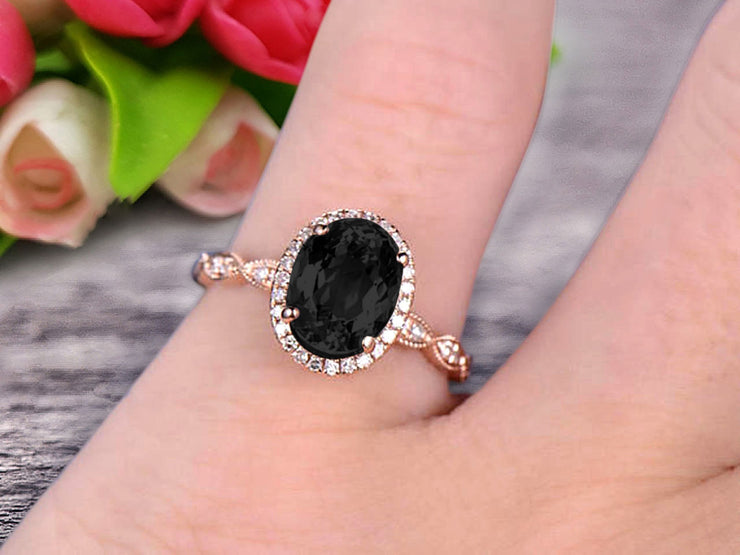 Oval Cut 1.50 Carat Black Diamond Moissanite Engagement Ring Solid 10k Rose Gold Black Diamond Moissanite Halo Anniversary Ring