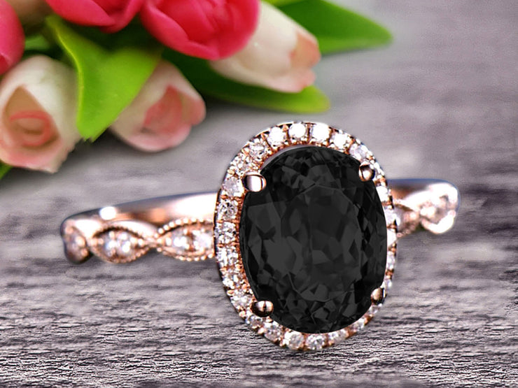 Oval Cut 1.50 Carat Black Diamond Moissanite Engagement Ring Solid 10k Rose Gold Black Diamond Moissanite Halo Anniversary Ring