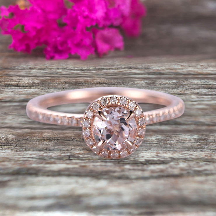 Round Cut Gem Stone Pink Morganite Engagement Ring On10k Rose Gold Wedding Ring Art Deco Personalized for Brides