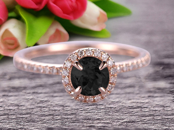 Round Cut Gem Stone Pink Black Diamond Moissanite Engagement Ring On10k Rose Gold Wedding Ring Art Deco Personalized for Brides