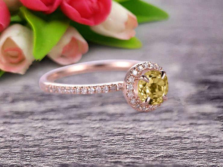 Round Cut Gem Stone Champagne Diamond Moissanite Engagement Ring On10k Rose Gold Wedding Ring Art Deco Personalized for Brides