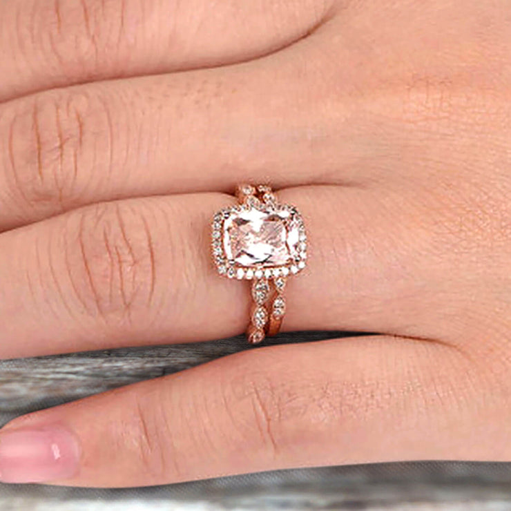 Bridal Set Cushion Cut Morganite Engagement Ring Set On 10k Rose Gold Art Deco Style Anniversary Gift