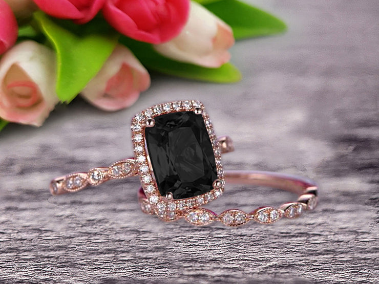 Bridal Set Cushion Cut Black Diamond Moissanite Engagement Ring Set On 10k Rose Gold Art Deco Style Anniversary Gift