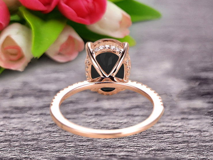 1.50 Carat Oval Cut Black Diamond Moissanite Engagement Ring Bottom Diamond HALO Designed Bridal Ring Wedding Ring 10K Rose Gold Anniversary Gift