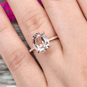 1.50 Carat Oval Cut Morganite Engagement Ring Bottom Diamond HALO Designed Bridal Ring Wedding Ring 10K Rose Gold Anniversary Gift