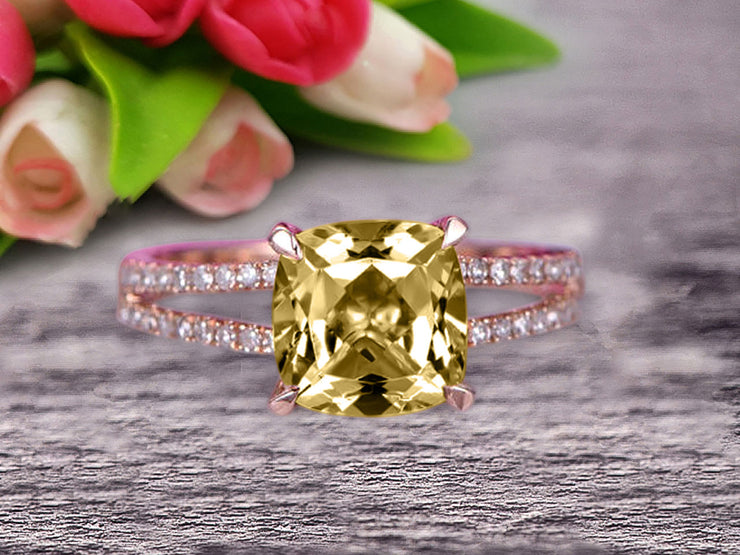 Cushion Cut 1.25 Carat Champagne Diamond Moissanite Engagement Ring Promise Ring 10k Rose Gold Stacking Band Art Deco Anniversary Gift
