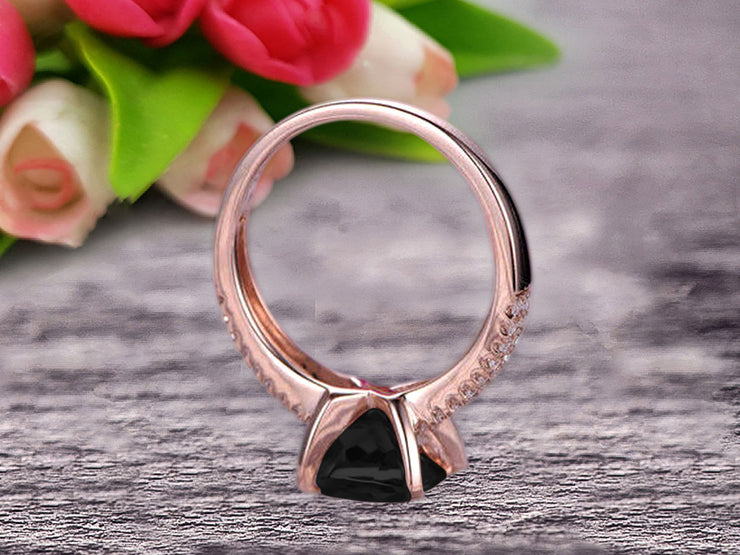 Cushion Cut 1.25 Carat Black Diamond Moissanite Engagement Ring Promise Ring 10k Rose Gold Stacking Band Art Deco Anniversary Gift
