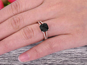Cushion Cut 1.25 Carat Black Diamond Moissanite Engagement Ring Promise Ring 10k Rose Gold Stacking Band Art Deco Anniversary Gift