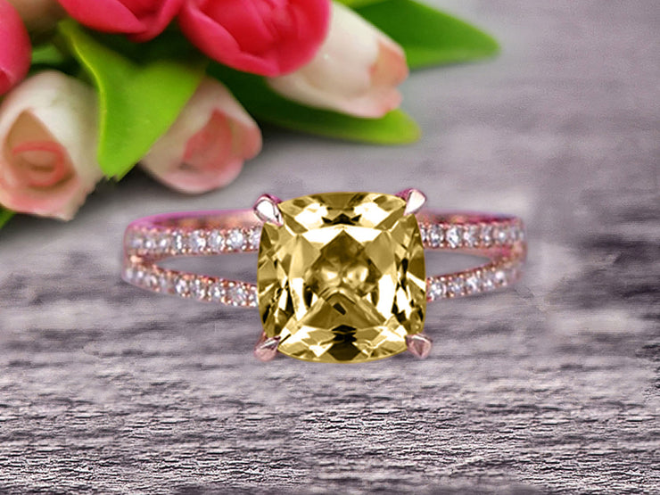 Cushion Cut 1.25 Carat Champagne Diamond Moissanite Engagement Ring Promise Ring 10k Rose Gold Stacking Band Art Deco Anniversary Gift