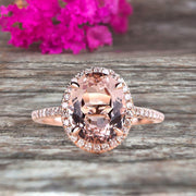 Oval Cut Pink Morganite Engagement Ring 1.50 Carat Solid 10k Rose Gold Wedding Ring Promise Ring for Bride Halo Design