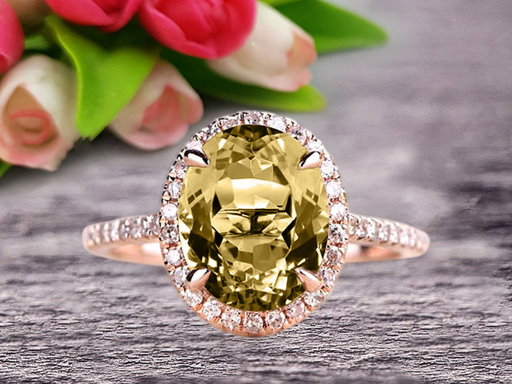 Oval Cut Champagne Diamond Moissanite Engagement Ring 1.50 Carat Solid 10k Rose Gold Wedding Ring Promise Ring for Bride Halo Design
