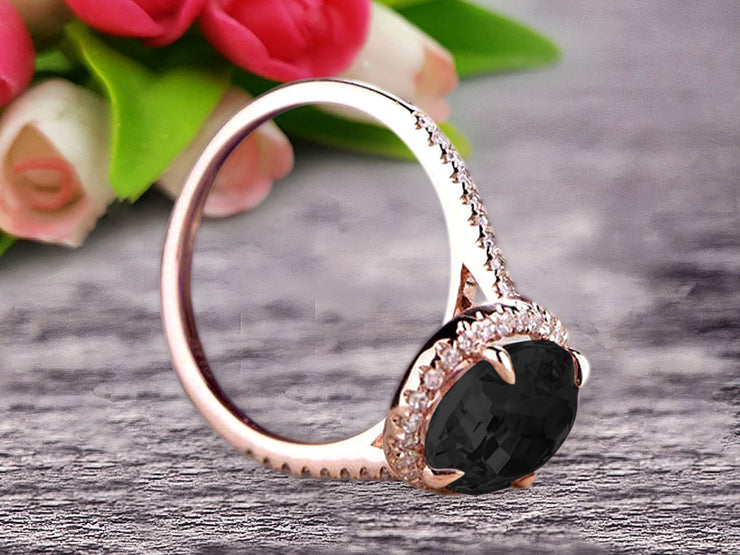 Oval Cut Pink Black Diamond Moissanite Engagement Ring 1.50 Carat Solid 10k Rose Gold Wedding Ring Promise Ring for Bride Halo Design