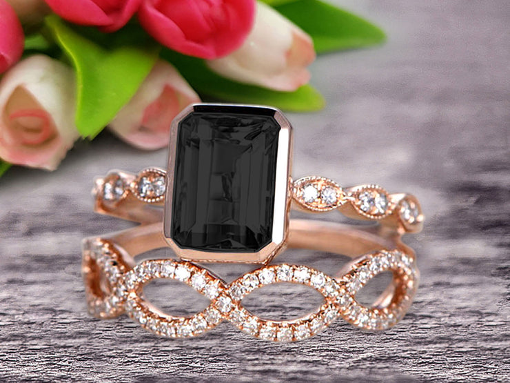 Glaring 1.50 Carat Black Diamond Moissanite Engagement Ring Solid 10k Rose Gold Promise Ring for bride loop curved Wedding Band Custom Made Sparkling Jewelry