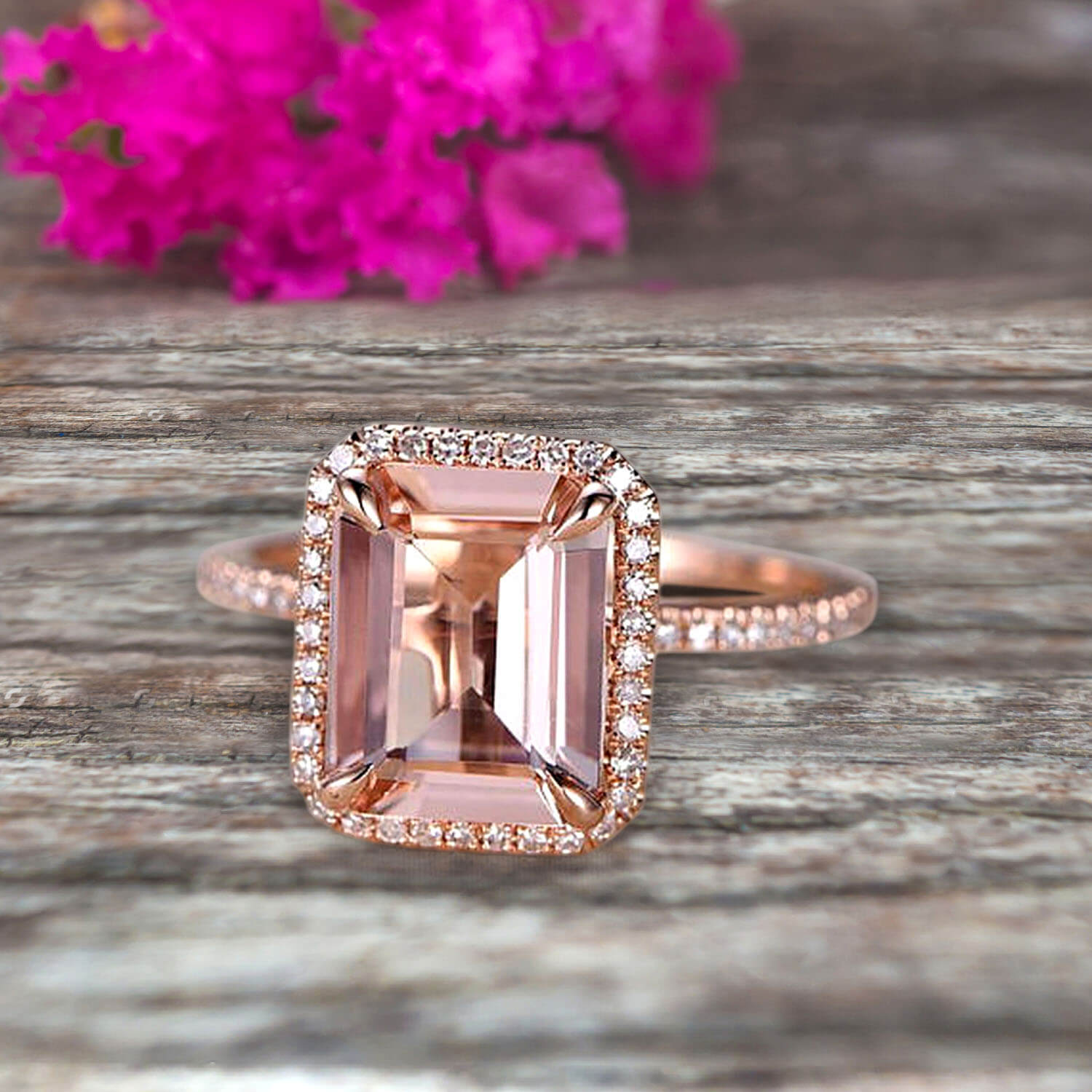 Emerald cut store pink morganite ring