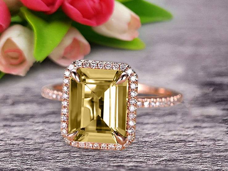 Flaming Emerald Cut 1.50 Carat Champagne Diamond Moissanite Engagement Ring Wedding Ring Solid 10k Rose Gold Promise Ring Custom Made Sparkling Jewelry Halo Art Deco