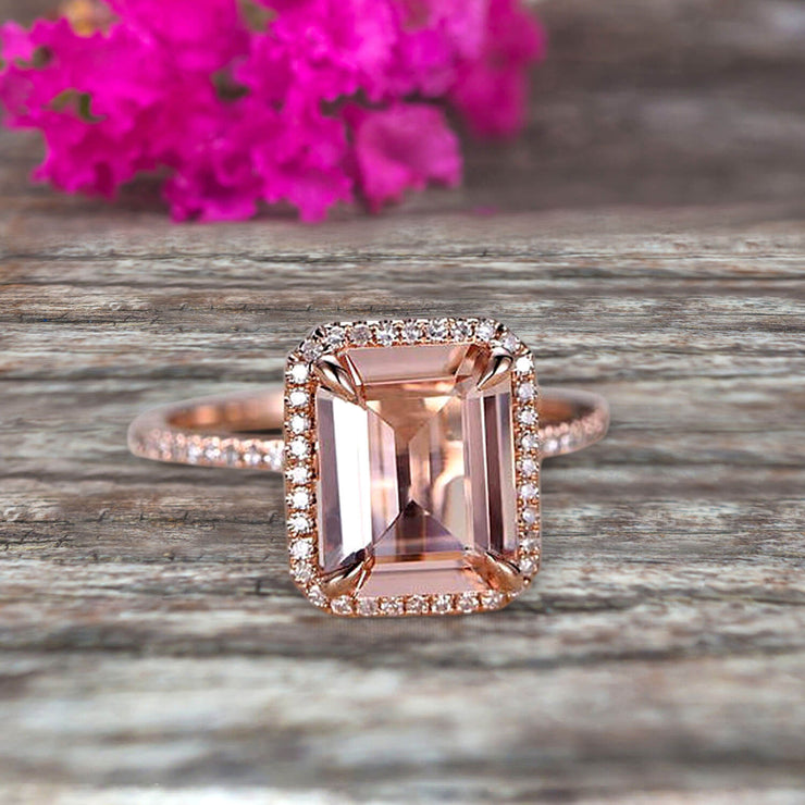 Pink Morganite Engagement Ring Emerald Cut 3 Stone with Diamonds - Rare  Earth Jewelry