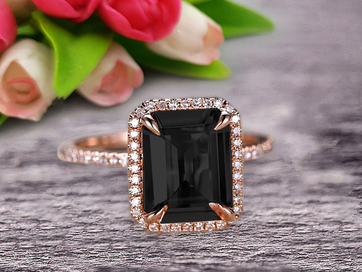 Flaming Emerald Cut 1.50 Carat Black Diamond Moissanite Engagement Ring Wedding Ring Solid 10k Rose Gold Promise Ring Custom Made Sparkling Jewelry Halo Art Deco