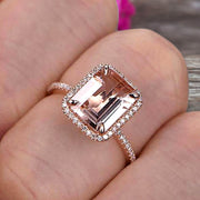 Flaming Emerald Cut 1.50 Carat Morganite Engagement Ring Wedding Ring Solid 10k Rose Gold Promise Ring Custom Made Sparkling Jewelry Halo Art Deco