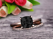 Shining Bridal Set Cushion Cut Gemstone 1.25 Carat Black Diamond Moissanite Engagement Ring Set Handmade Solid 10k Rose Gold Art Deco