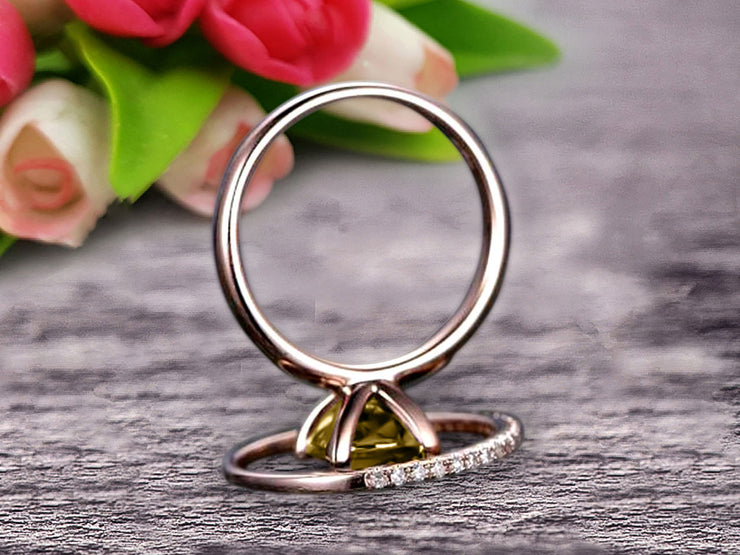 Shining Bridal Set Cushion Cut Gemstone 1.25 Carat Champagne Diamond Moissanite Engagement Ring Set Handmade Solid 10k Rose Gold Art Deco