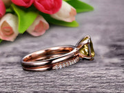 Shining Bridal Set Cushion Cut Gemstone 1.25 Carat Champagne Diamond Moissanite Engagement Ring Set Handmade Solid 10k Rose Gold Art Deco