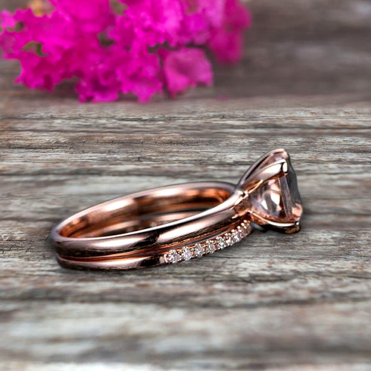 Shining Bridal Set Cushion Cut Gemstone 1.25 Carat Morganite Engagement Ring Set Handmade Solid 10k Rose Gold Art Deco