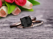 Shining Bridal Set Cushion Cut Gemstone 1.25 Carat Black Diamond Moissanite Engagement Ring Set Handmade Solid 10k Rose Gold Art Deco