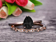Black Diamond Moissanite Engagement Ring Set Handmade Solid 10k Rose gold 1.25 Carat Pear Shape Gemstone Promise Ring Bridal Ring set Wow Sparkling