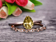 Champagne Diamond Moissanite Engagement Ring Set Handmade Solid 10k Rose gold 1.25 Carat Pear Shape Gemstone Promise Ring Bridal Ring set Wow Sparkling