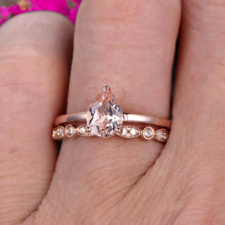 Morganite Engagement Ring Set Handmade Solid 10k Rose gold 1.25 Carat Pear Shape Gemstone Promise Ring Bridal Ring set Wow Sparkling