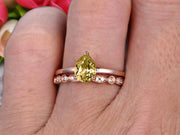 Champagne Diamond Moissanite Engagement Ring Set Handmade Solid 10k Rose gold 1.25 Carat Pear Shape Gemstone Promise Ring Bridal Ring set Wow Sparkling