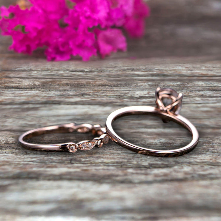Morganite Engagement Ring Set Handmade Solid 10k Rose gold 1.25 Carat Pear Shape Gemstone Promise Ring Bridal Ring set Wow Sparkling