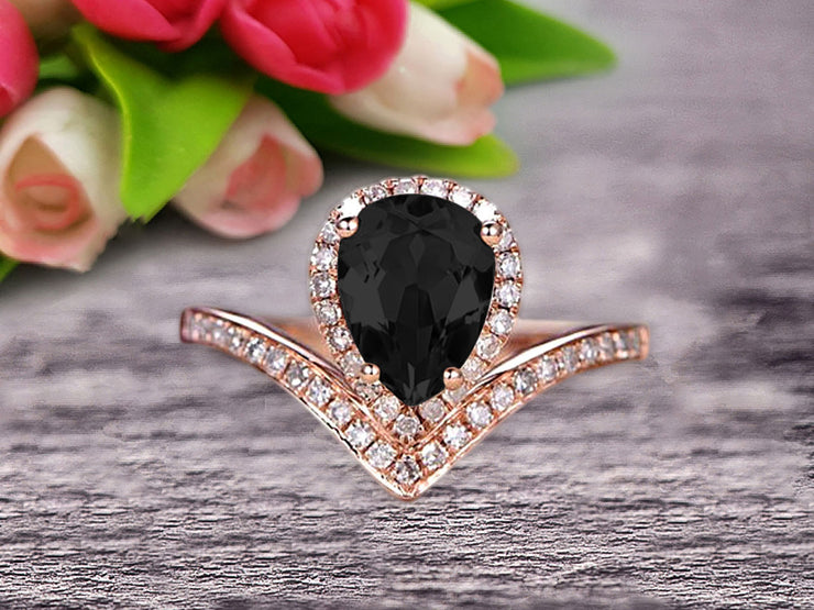 Pear Shape 1.50 Carat Black Diamond Moissanite Engagement Ring On 10k Rose Gold Wedding Ring Promise Ring Art Deco Glaring Jewelry Anniversary Gift