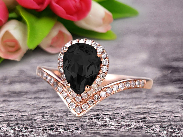 Pear Shape 1.50 Carat Black Diamond Moissanite Engagement Ring On 10k Rose Gold Wedding Ring Promise Ring Art Deco Glaring Jewelry Anniversary Gift